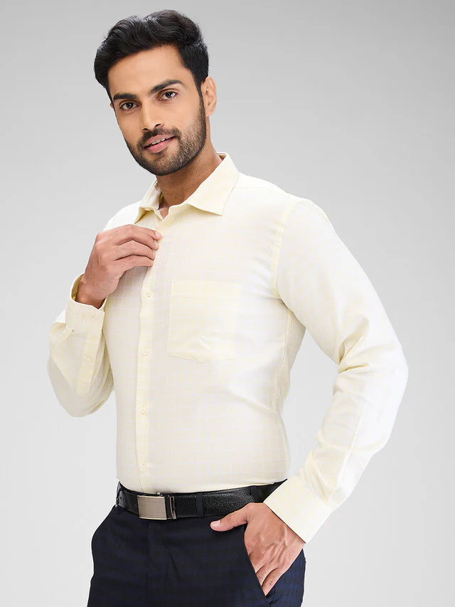 Park Avenue Yellow Checks Slim Fit Cotton Formal Shirt - Image 3