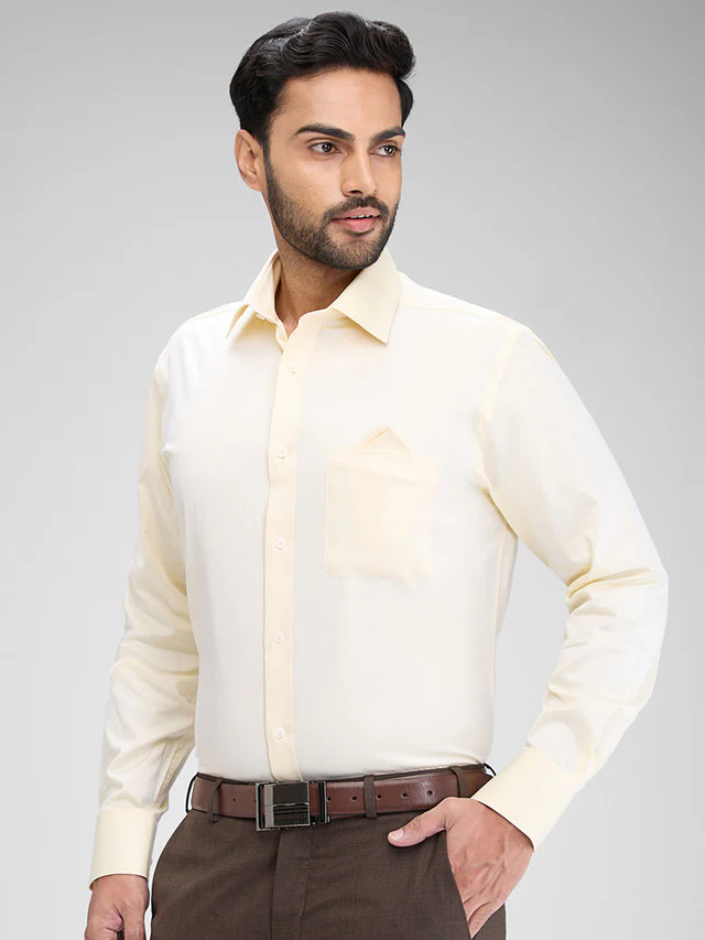 Park Avenue Yellow Solid Luxus Fit Full Sleeve Cotton Shirt - Image 3