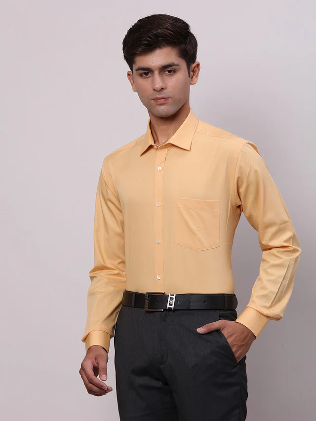 Park Avenue Yellow Solid Slim Fit Cotton Formal Shirt - Image 3