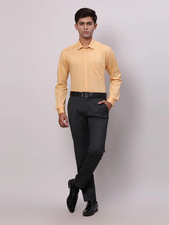 Park Avenue Yellow Solid Slim Fit Cotton Formal Shirt - Image 5