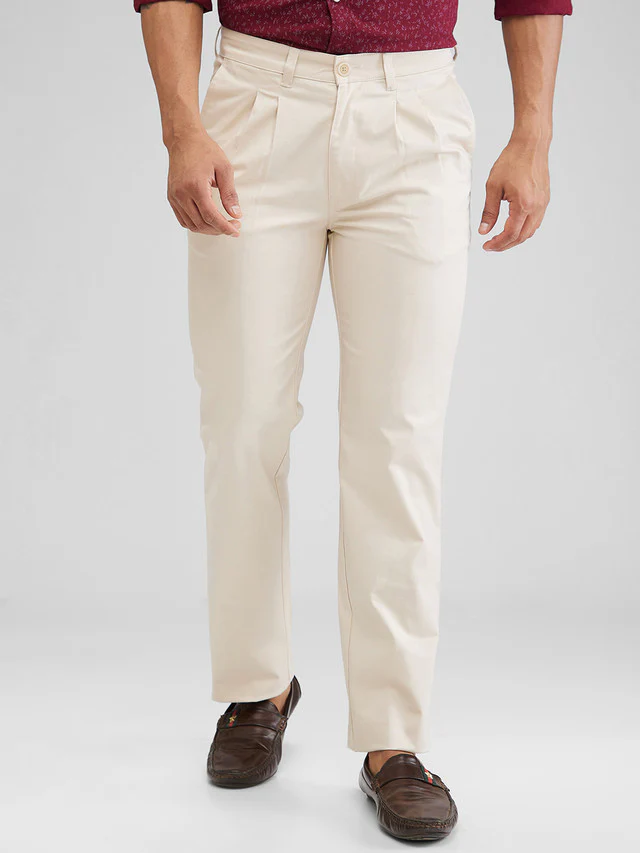 Parx Beige Solid Regular Fit Cotton Blend Trouser