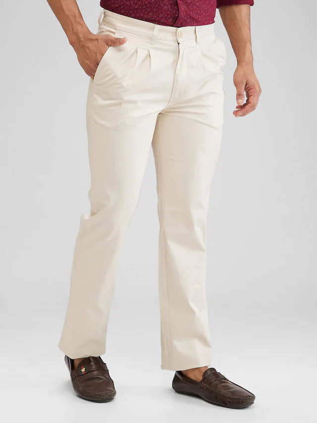 Parx Beige Solid Regular Fit Cotton Blend Trouser - Image 2