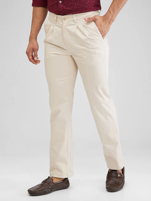 Parx Beige Solid Regular Fit Cotton Blend Trouser - Image 3