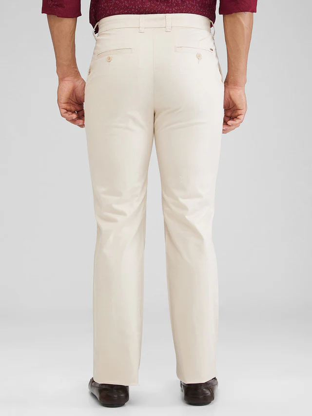 Parx Beige Solid Regular Fit Cotton Blend Trouser - Image 4