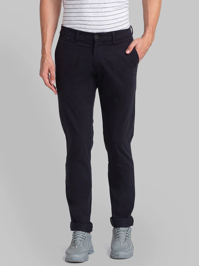 Parx Black Solid Low Rise Tapered Fit Cotton Blend Trouser