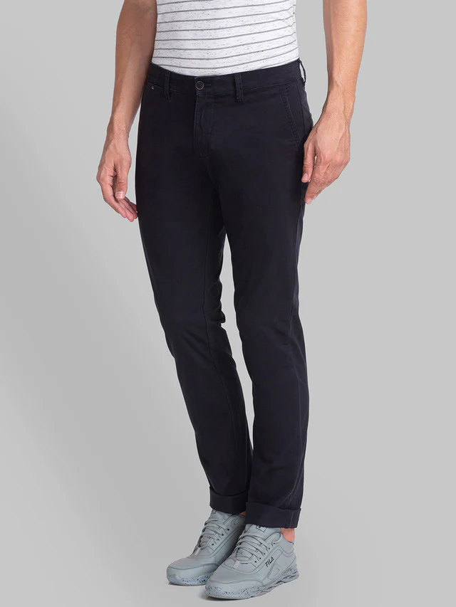 Parx Black Solid Low Rise Tapered Fit Cotton Blend Trouser - Image 3