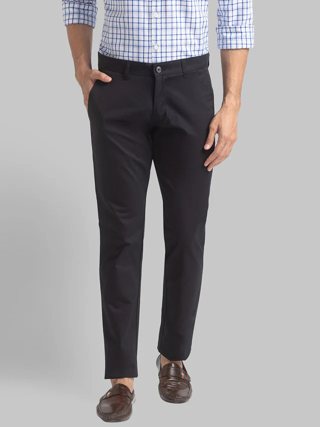 Parx Black Solid Low Rise Tapered Fit Cotton Blend Trouser