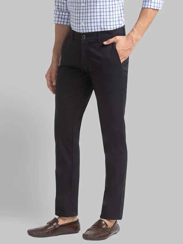 Parx Black Solid Low Rise Tapered Fit Cotton Blend Trouser - Image 3