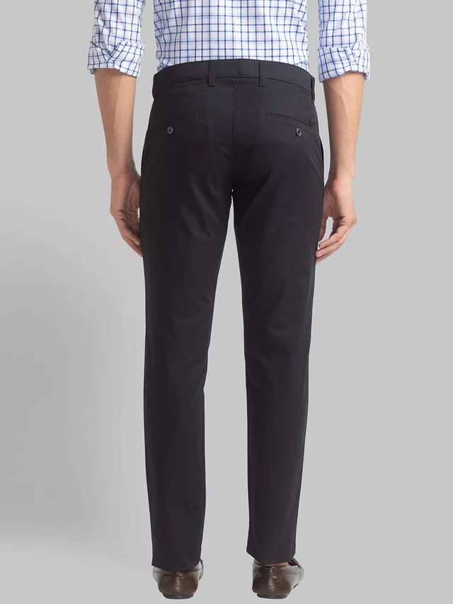 Parx Black Solid Low Rise Tapered Fit Cotton Blend Trouser - Image 4
