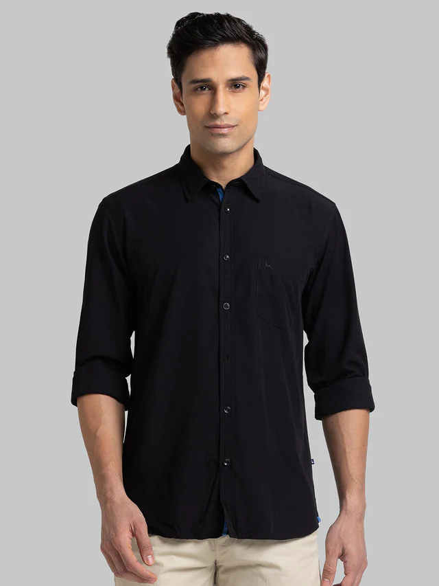 Parx Black Solid Slim Fit Bamboo Plyester Blend Casual Shirt