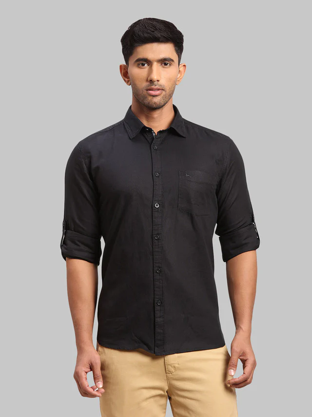 Parx Black Solid Slim Fit Cotton Casual Shirt