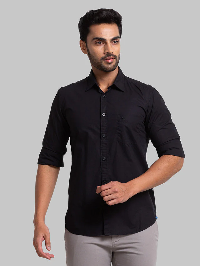 Parx Black Solid Slim Fit Cotton Casual Shirt