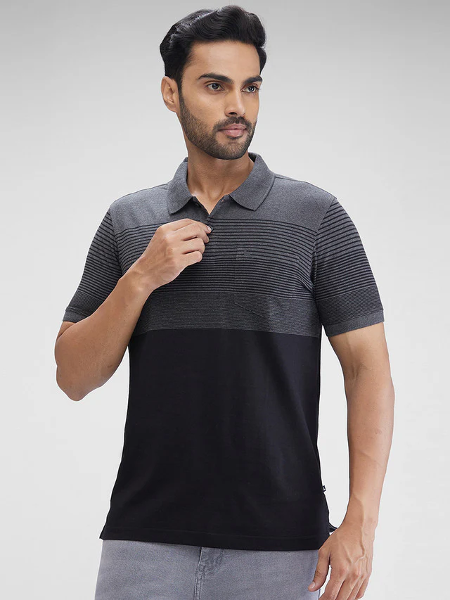 Parx Black Yarn Dyed Regular Fit Cotton T-Shirt