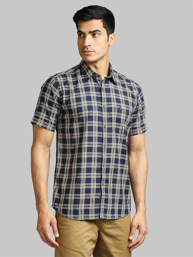 Parx Blue Checks Slim Fit Cotton Blend Casual Shirt - Image 2