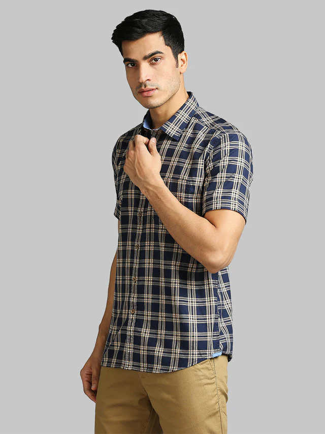 Parx Blue Checks Slim Fit Cotton Blend Casual Shirt - Image 3