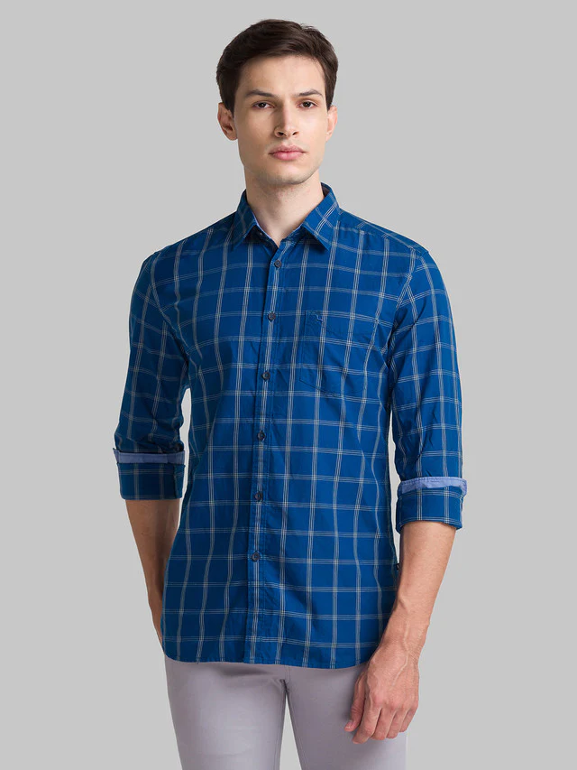 Parx Blue Checks Slim Fit Cotton Blend Casual Shirt