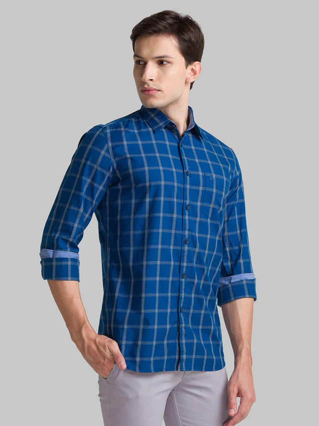 Parx Blue Checks Slim Fit Cotton Blend Casual Shirt - Image 2