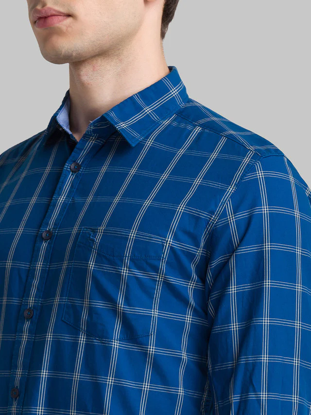Parx Blue Checks Slim Fit Cotton Blend Casual Shirt - Image 6