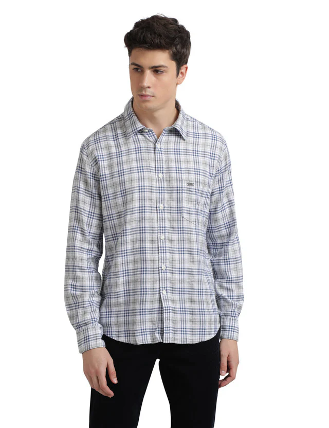 Parx Blue Checks Slim Fit Cotton Blend Casual Shirt