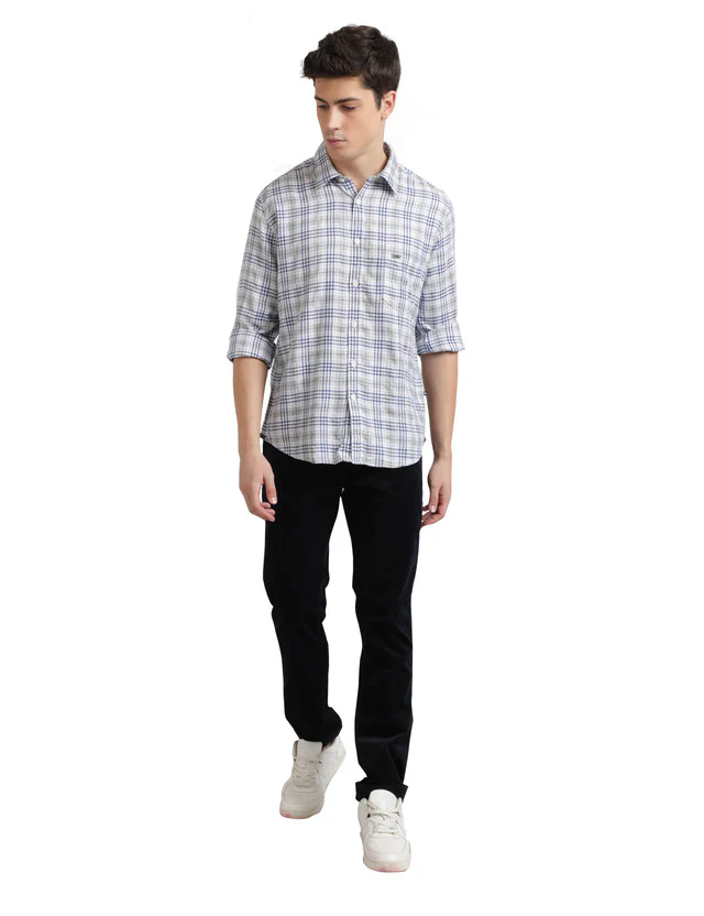 Parx Blue Checks Slim Fit Cotton Blend Casual Shirt - Image 5