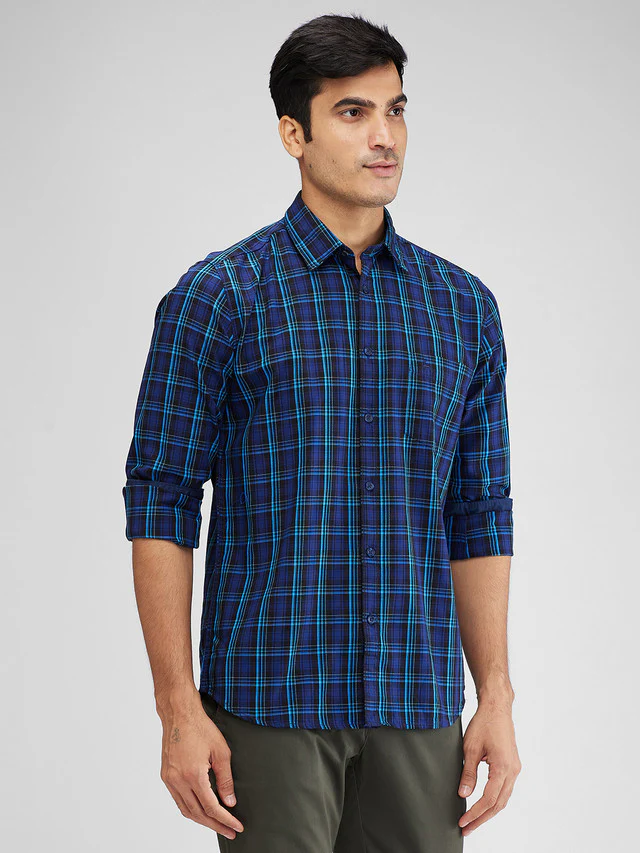 Parx Blue Checks Slim Fit Cotton Casual Shirt - Image 2