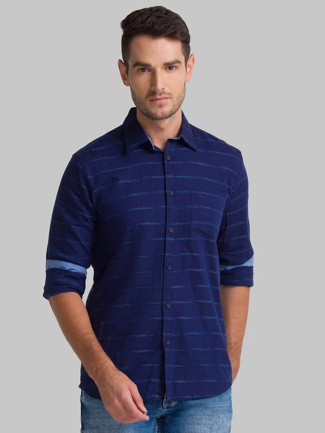 Parx Blue Checks Slim Fit Cotton Casual Shirt