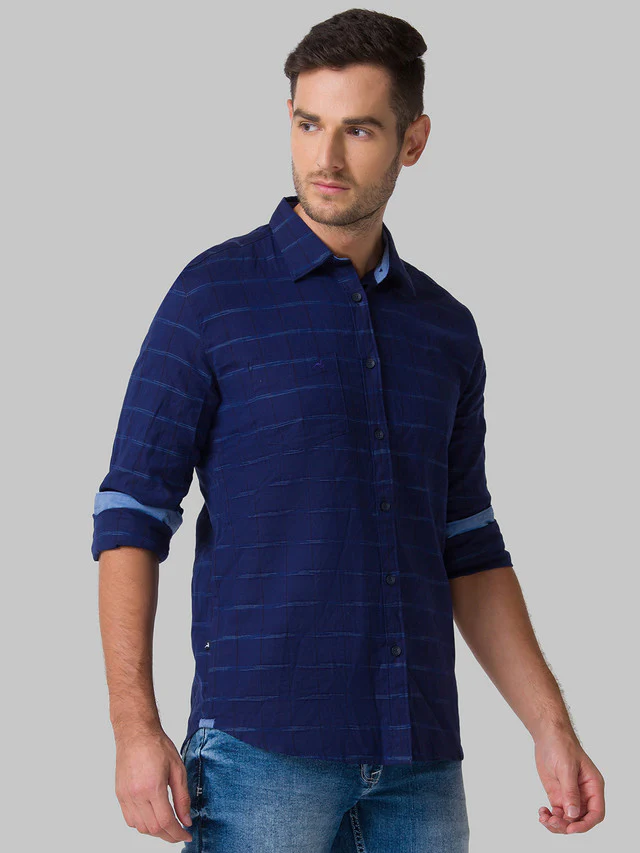 Parx Blue Checks Slim Fit Cotton Casual Shirt - Image 2