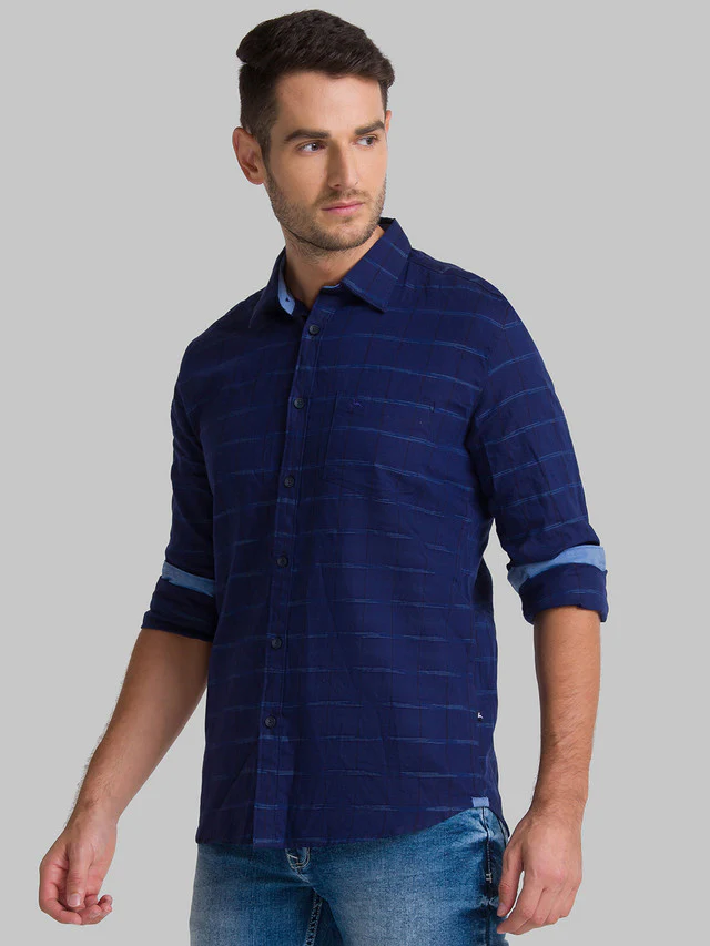 Parx Blue Checks Slim Fit Cotton Casual Shirt - Image 3