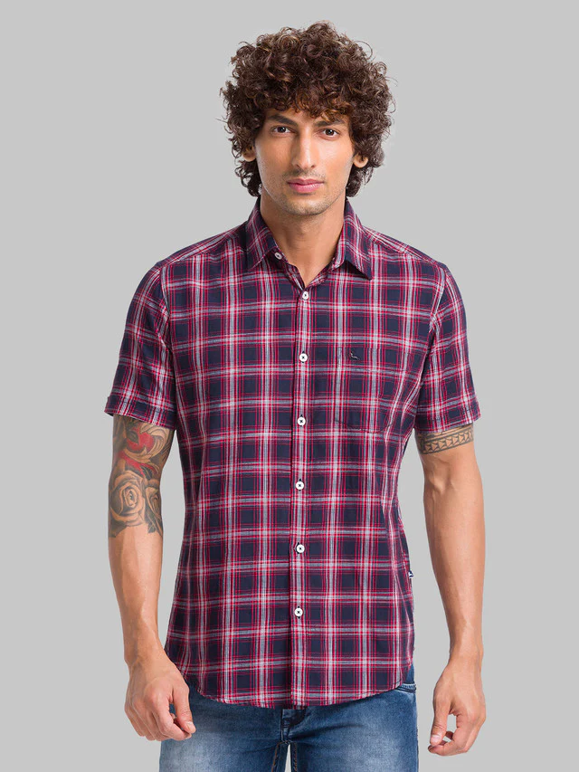 Parx Blue Checks Slim Fit Cotton Casual Shirt