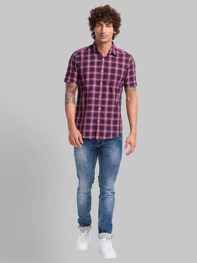 Parx Blue Checks Slim Fit Cotton Casual Shirt - Image 5