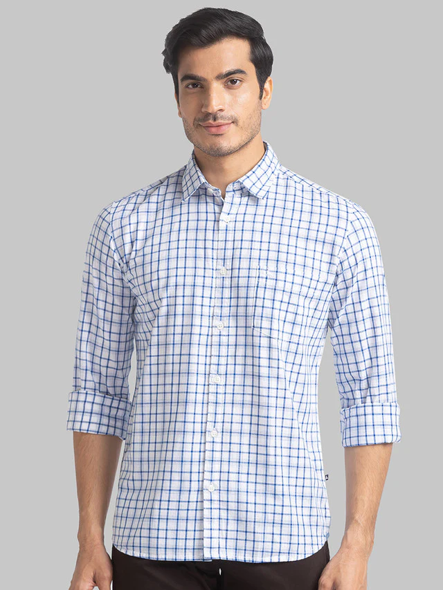 Parx Blue Checks Slim Fit Cotton Casual Shirt
