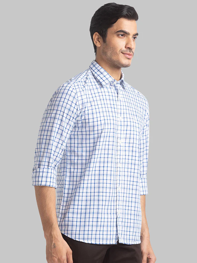 Parx Blue Checks Slim Fit Cotton Casual Shirt - Image 2