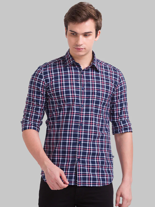 Parx Blue Checks Slim Fit Cotton Casual Shirt