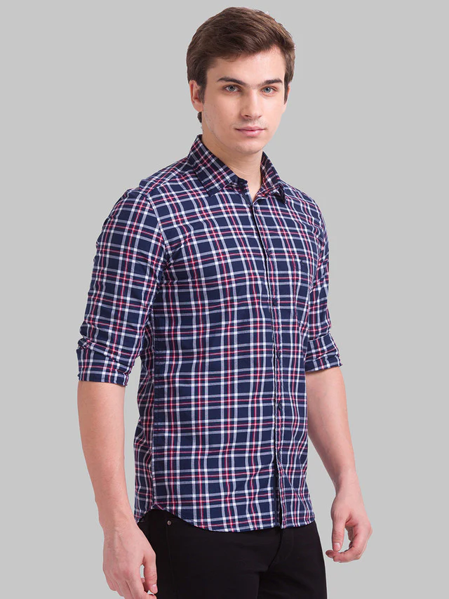 Parx Blue Checks Slim Fit Cotton Casual Shirt - Image 2