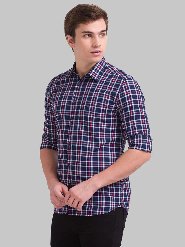 Parx Blue Checks Slim Fit Cotton Casual Shirt - Image 3
