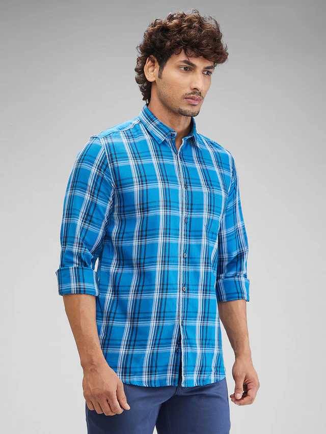 Parx Blue Checks Slim Fit Cotton Casual Shirt - Image 2