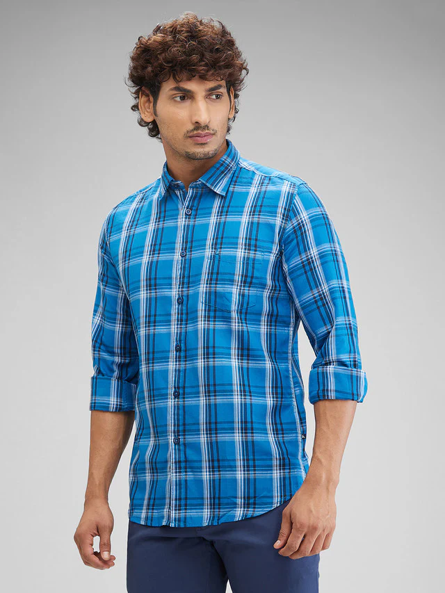 Parx Blue Checks Slim Fit Cotton Casual Shirt - Image 3