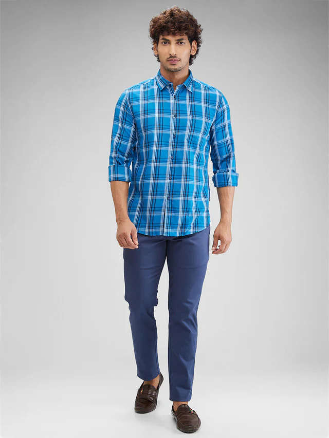 Parx Blue Checks Slim Fit Cotton Casual Shirt - Image 5
