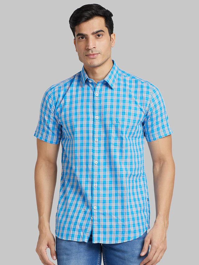 Parx Blue Checks Slim Fit Cotton Casual Shirt
