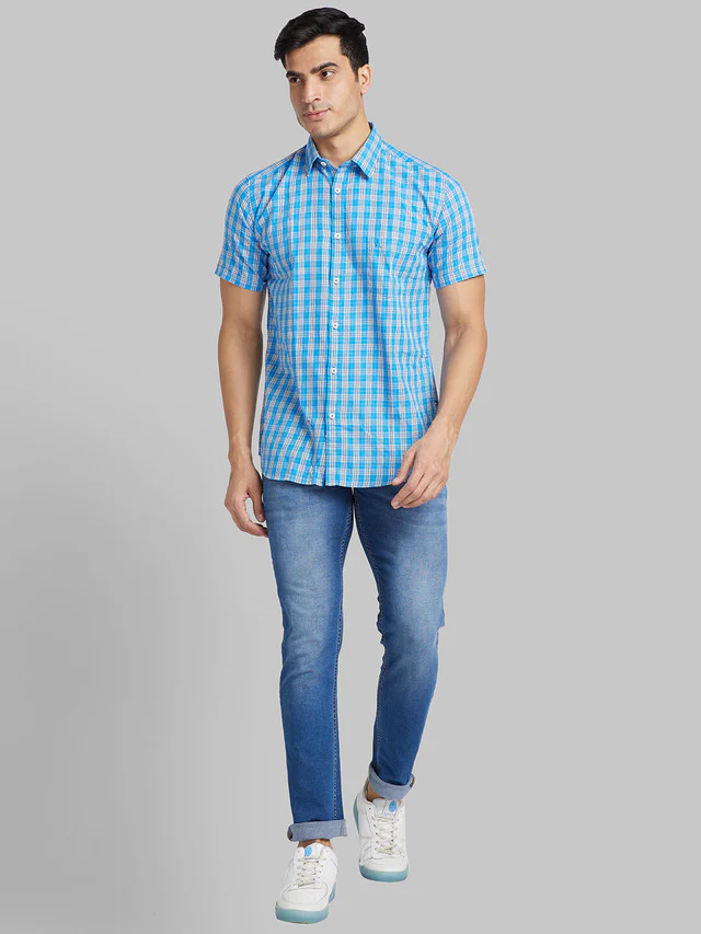 Parx Blue Checks Slim Fit Cotton Casual Shirt - Image 5