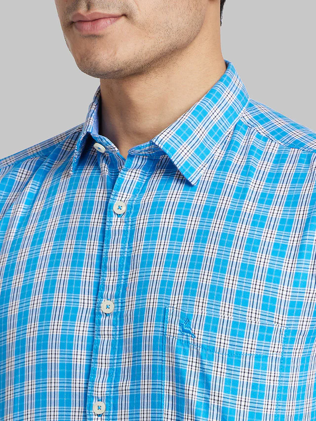 Parx Blue Checks Slim Fit Cotton Casual Shirt - Image 6