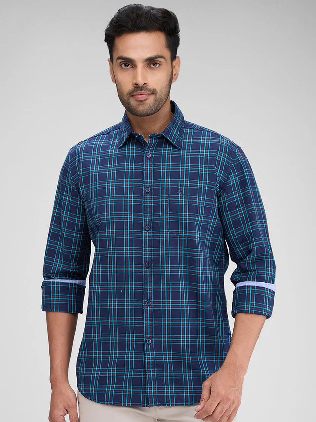 Parx Blue Checks Slim Fit Full Sleeve Cotton Shirt