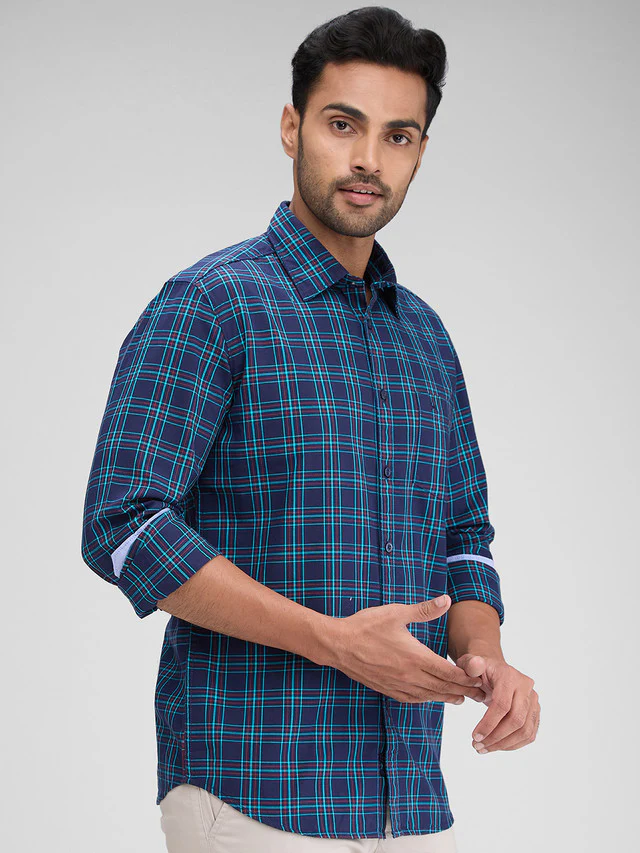 Parx Blue Checks Slim Fit Full Sleeve Cotton Shirt - Image 2