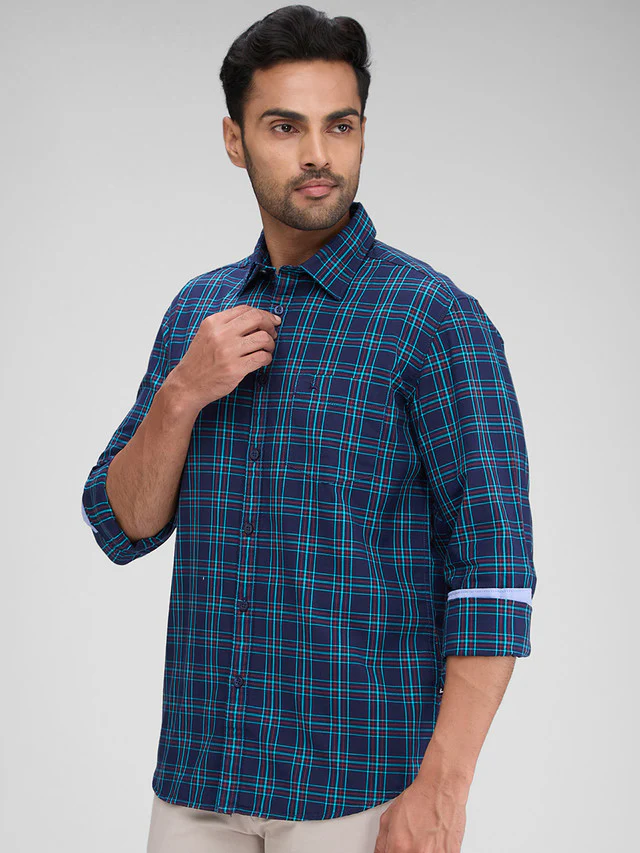 Parx Blue Checks Slim Fit Full Sleeve Cotton Shirt - Image 3