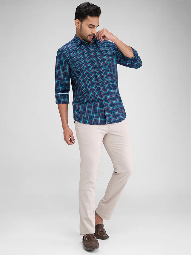 Parx Blue Checks Slim Fit Full Sleeve Cotton Shirt - Image 5