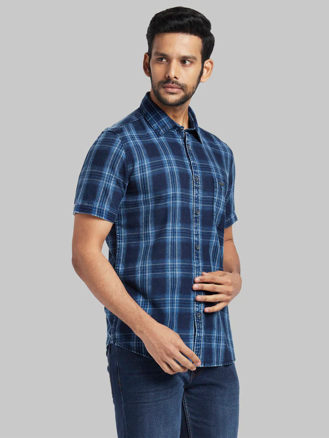 Parx Blue Checks Slim Fit Half Sleeve Cotton Shirt - Image 2
