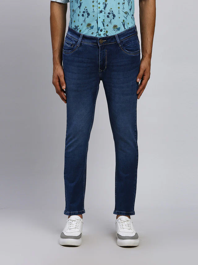 Parx Blue Dobby Skinny Cropped Fit Cotton Blend Jeans