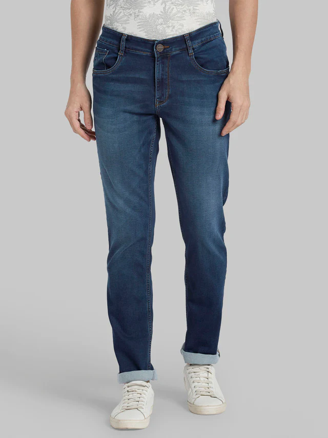 Parx Blue Dobby Slim Tapered Fit Cotton Blend Jeans
