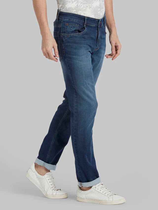 Parx Blue Dobby Slim Tapered Fit Cotton Blend Jeans - Image 2