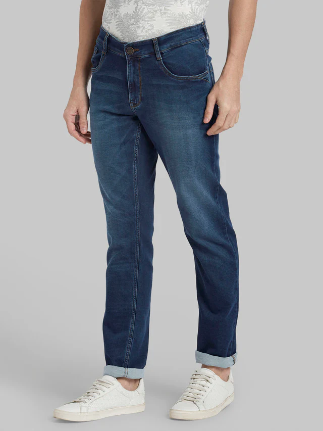 Parx Blue Dobby Slim Tapered Fit Cotton Blend Jeans - Image 3